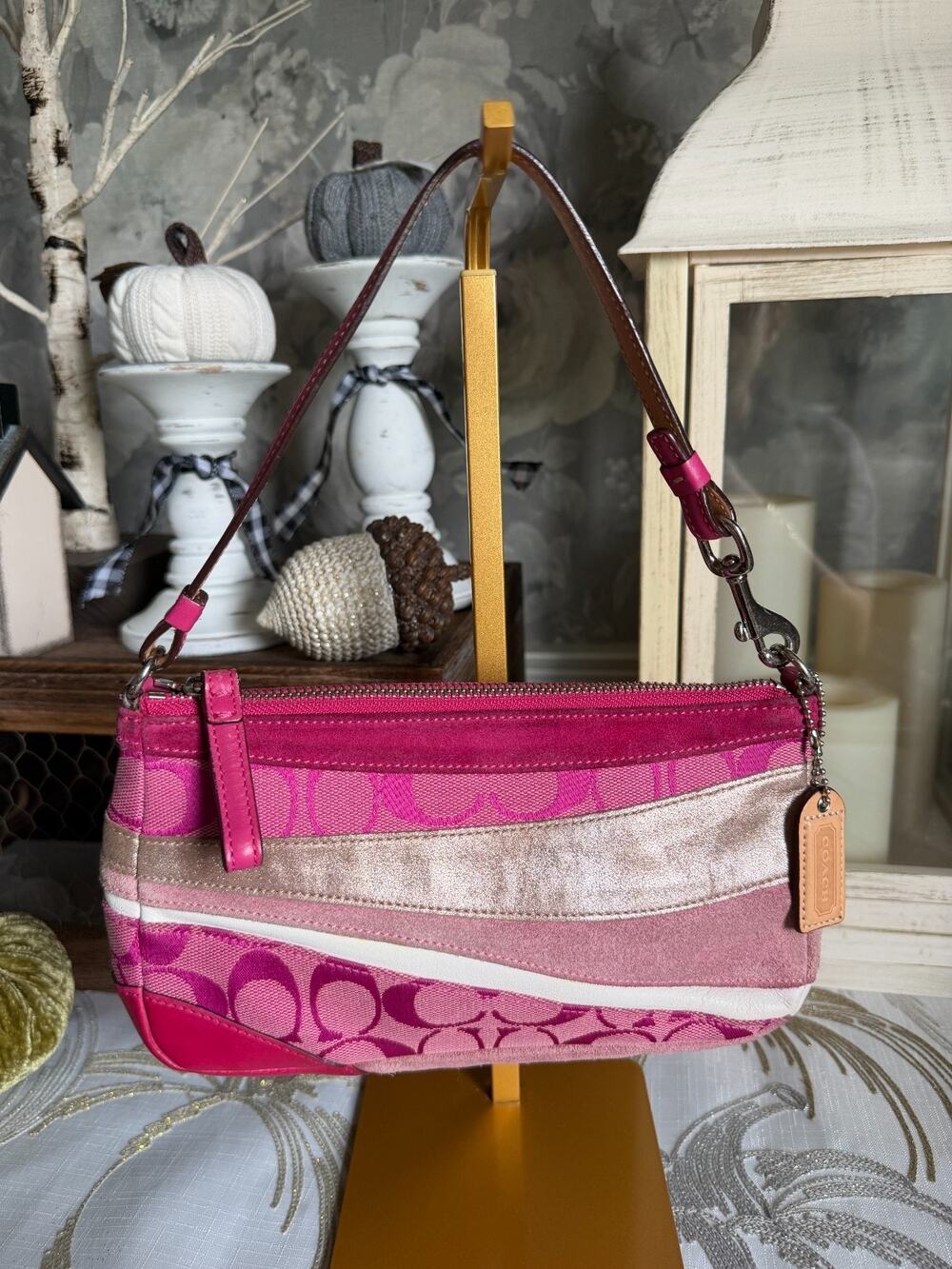 Y2K Coach Signature Stripe Berry Jacquard Lilac Plum Leather Shoulder Bag Purse